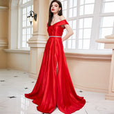 Robe de cocktail rouge à épaules dénudées et grande fente, robe de demoiselle d'honneur